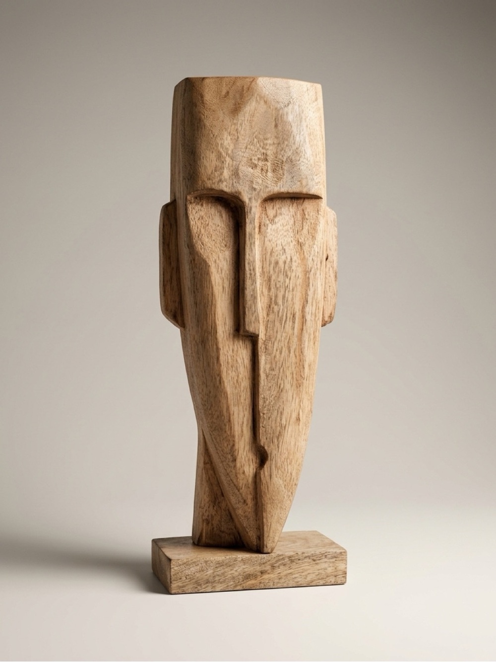 Wooden Abstract Face Sculpture - Natural Brown